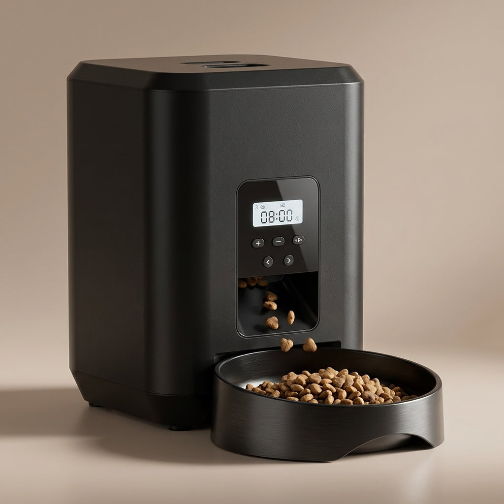 Dry kibble dispensing through the front chute into the detachable black bowl