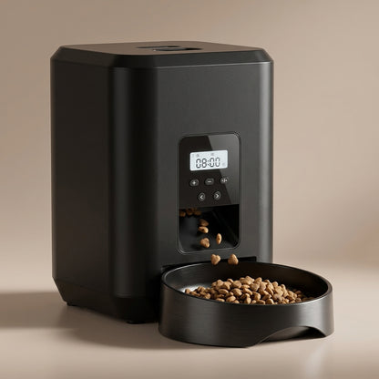 Dry kibble dispensing through the front chute into the detachable black bowl