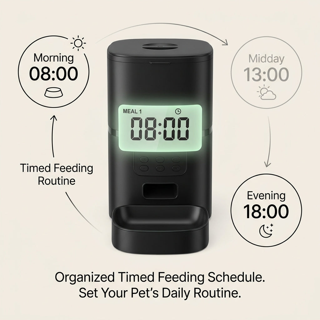 Timed feeding schedule showing morning, midday and evening meals on the SmartServe cat feeder