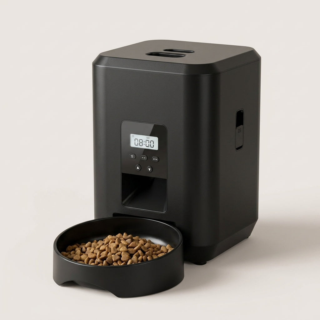 SmartServe Timed Automatic Cat Feeder in black, front three-quarter view with dry food in the bowl