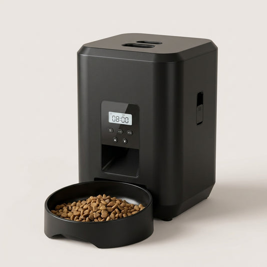 SmartServe Timed Automatic Cat Feeder in black, front three-quarter view with dry food in the bowl