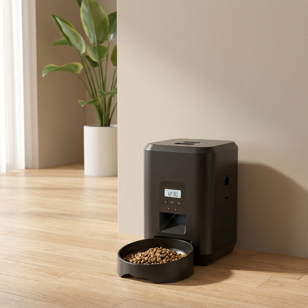 Black SmartServe automatic cat feeder set up on wood flooring in a modern home