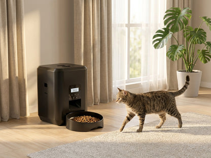 Cat walking towards the SmartServe automatic cat feeder in a sunlit living room