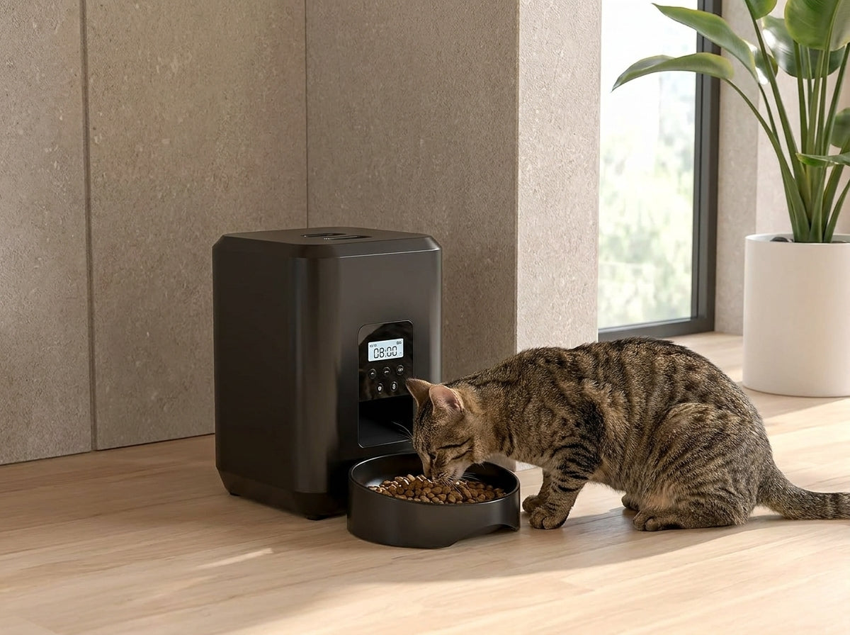 Tabby cat eating dry food from the SmartServe automatic cat feeder bowl