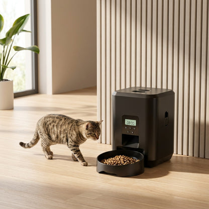 SmartServe timed cat feeder and cat beside a modern slatted wall