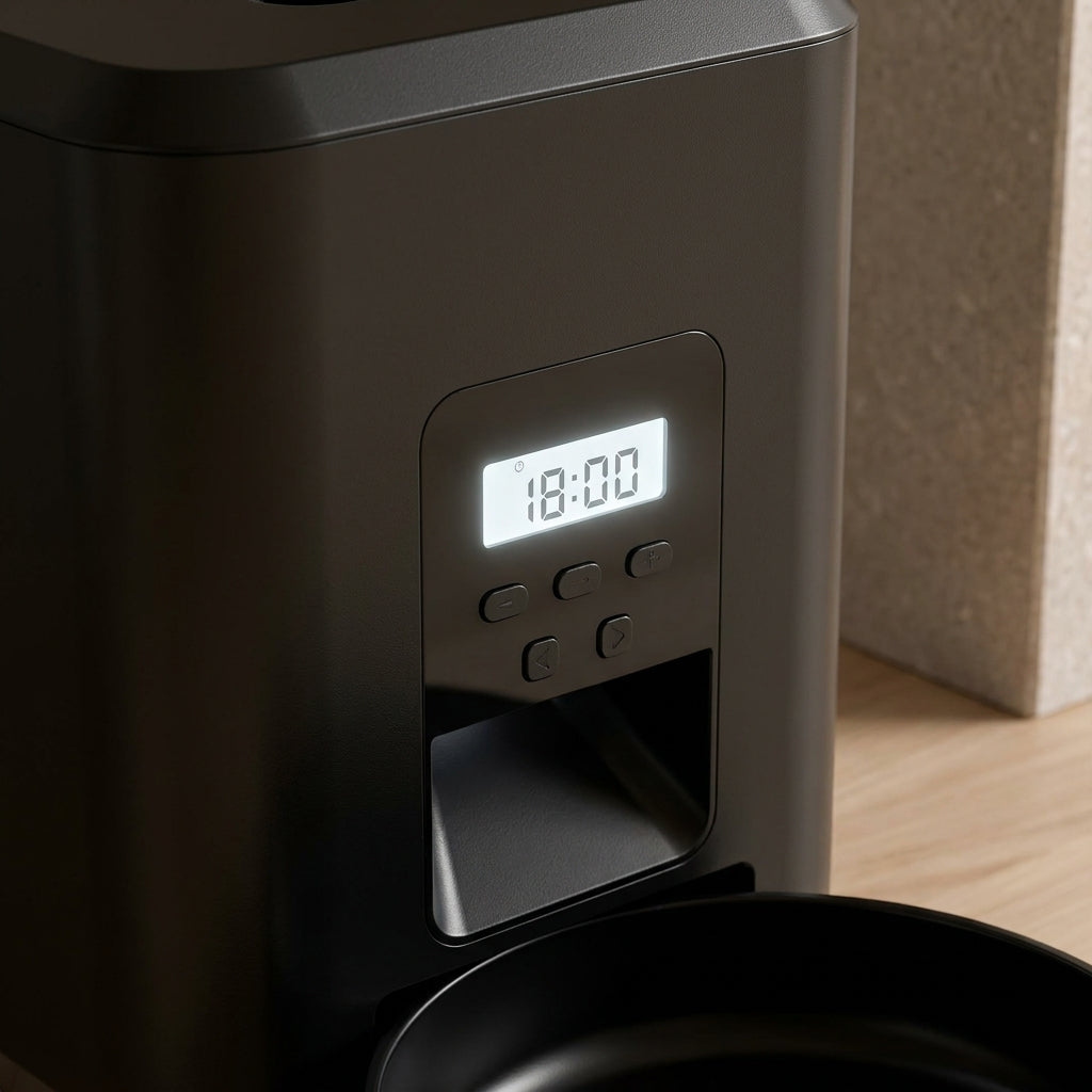 Close-up of the lit digital display and control buttons on the SmartServe cat feeder