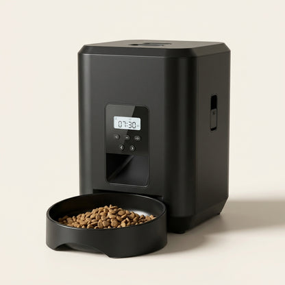 SmartServe Timed Automatic Cat Feeder shown at an angle with the display active