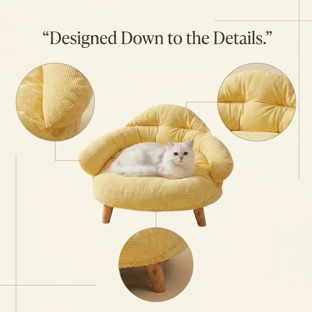 Close-up detail of the Corduroy Lounge Cat Bed's fabric texture and wooden legs