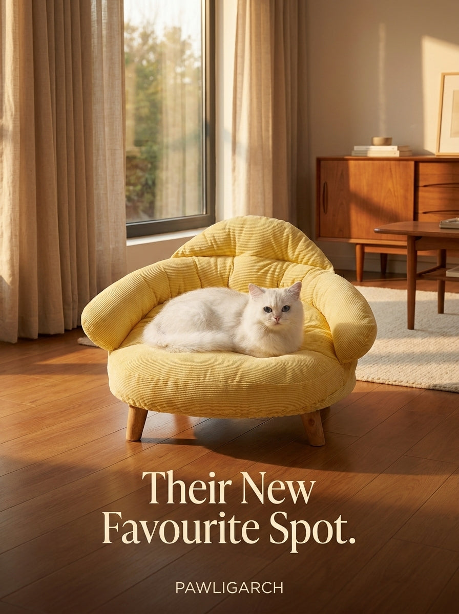 White cat relaxing in the PAWLIGARCH Corduroy Lounge Cat Bed in warm afternoon light