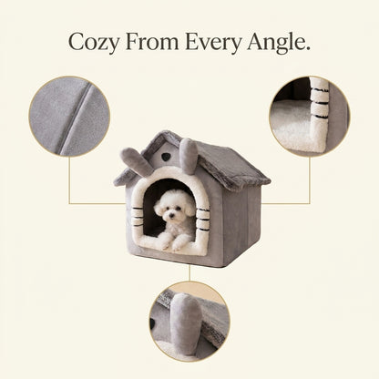 Close-up detail of the Cozy Cottage Dog House Bed's roof, entrance trim and plush lining