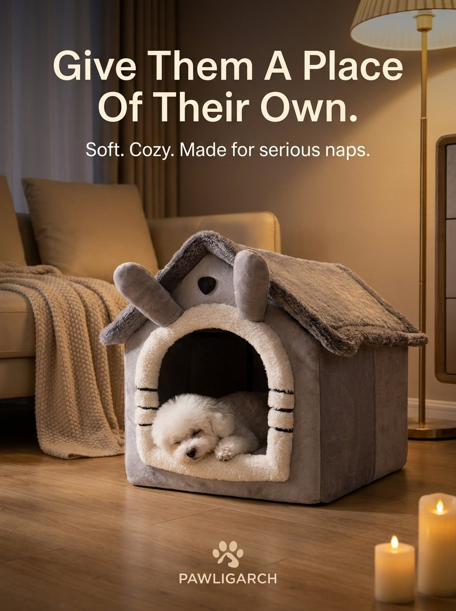 Small dog asleep inside the PAWLIGARCH Cozy Cottage Dog House Bed in a warm evening living room