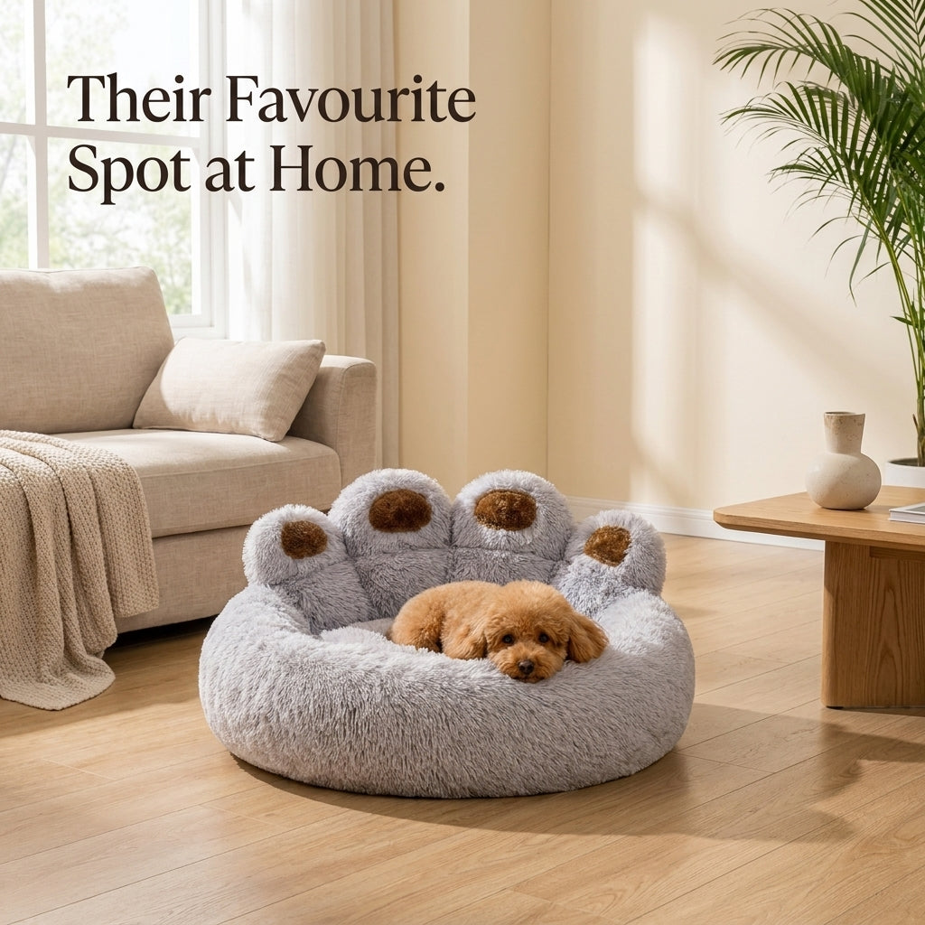 PawPrint Cuddler Dog Bed in a modern living room