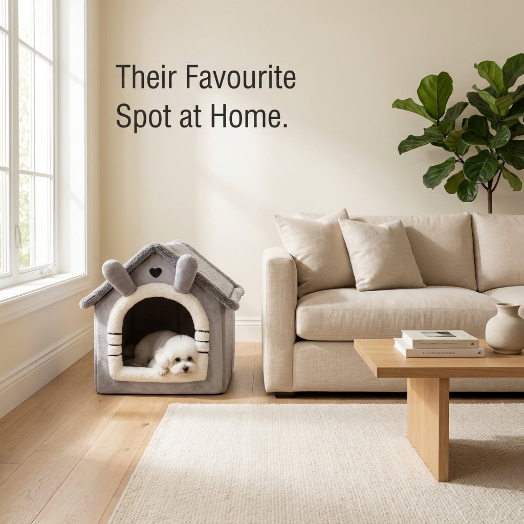 Cozy Cottage Dog House Bed in a modern living room beside a sofa