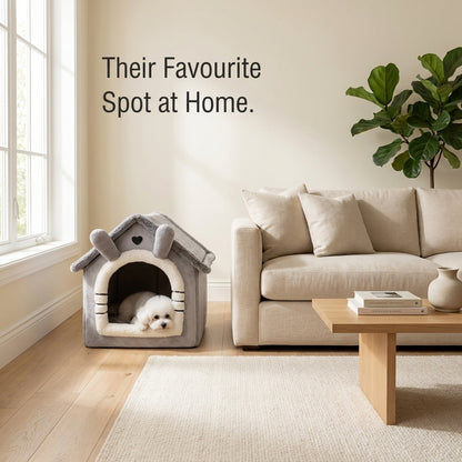 Cozy Cottage Dog House Bed in a modern living room beside a sofa