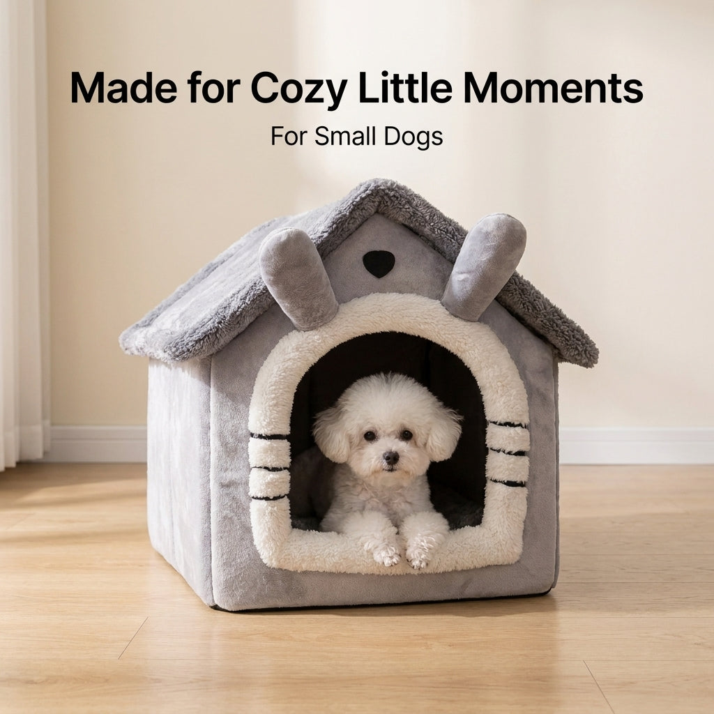 Small dog sitting inside the entrance of the Cozy Cottage Dog House Bed