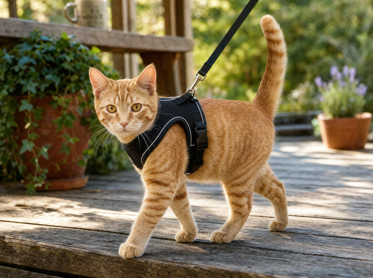 Cat wearing ComfortFit Walking Harness outdoors on a leash