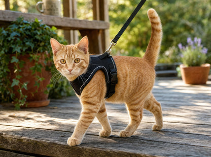 Cat wearing ComfortFit Walking Harness outdoors on a leash