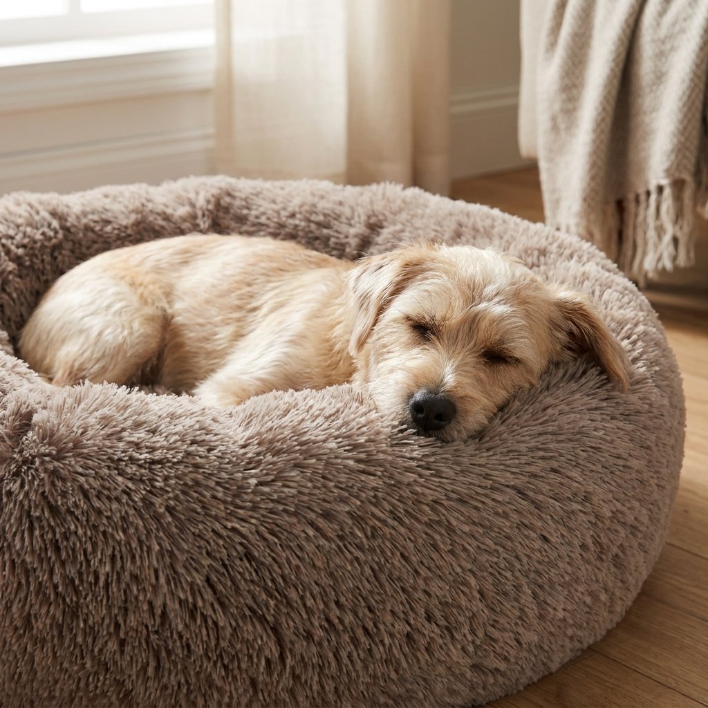 Dog curled up asleep inside the CozyNest Cuddler Dog Bed
