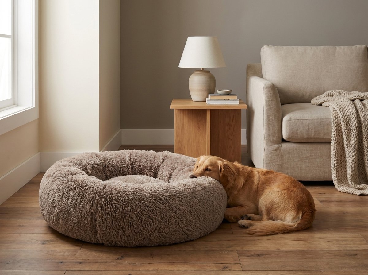 CozyNest Cuddler Dog Bed in a warm modern living room