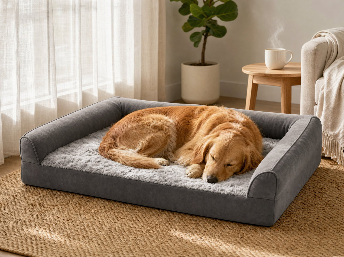 Dog resting on LoungeBolster Dog Bed in a modern living room
