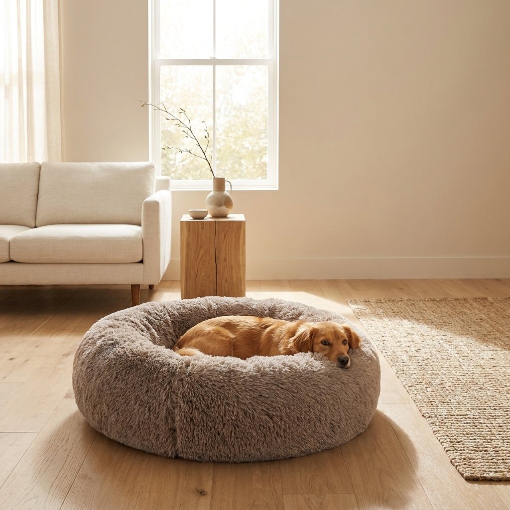 Golden retriever resting in the CozyNest Cuddler Dog Bed in a sunlit living room
