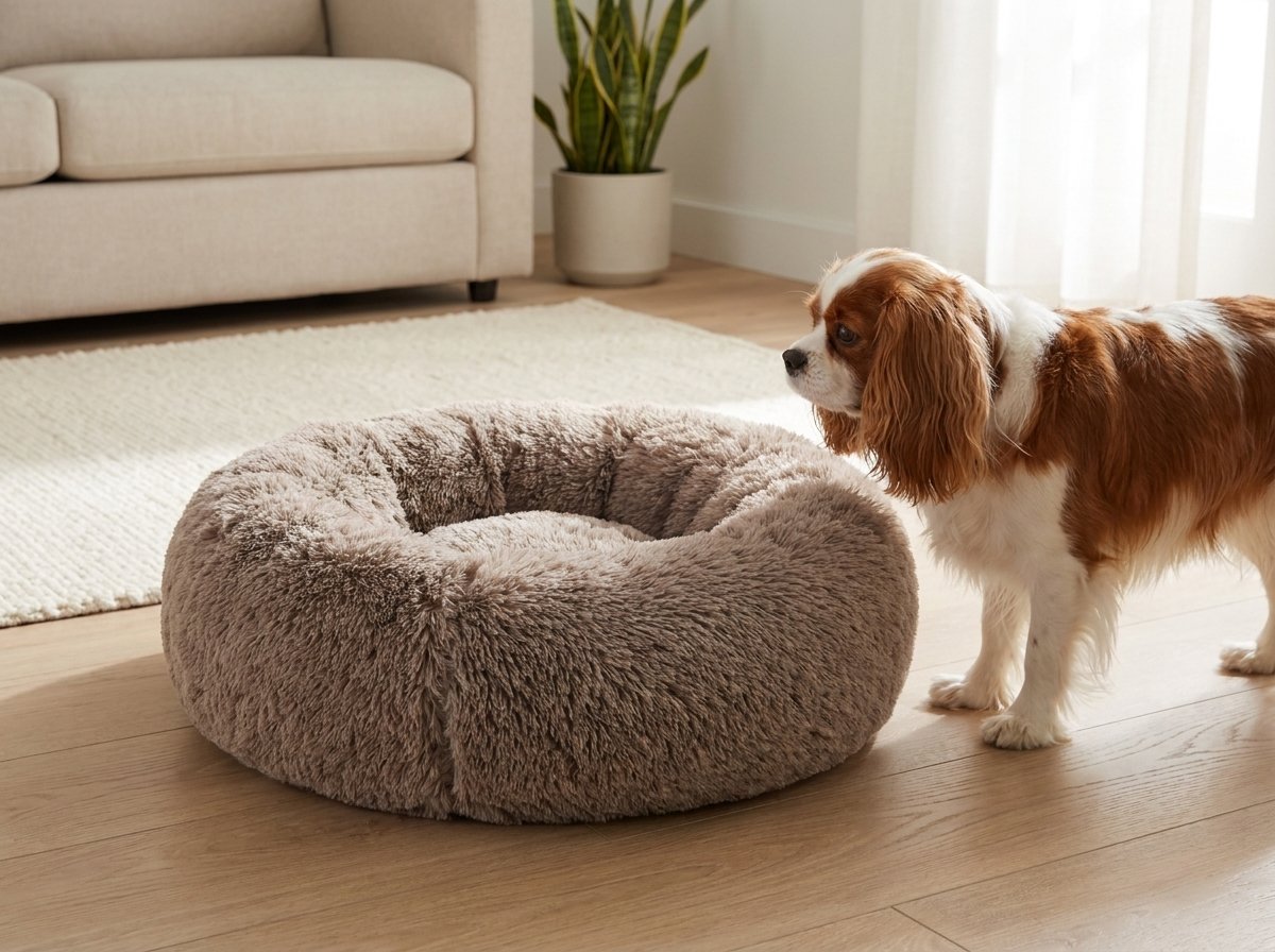 Small dog standing beside the CozyNest Cuddler Dog Bed for size reference