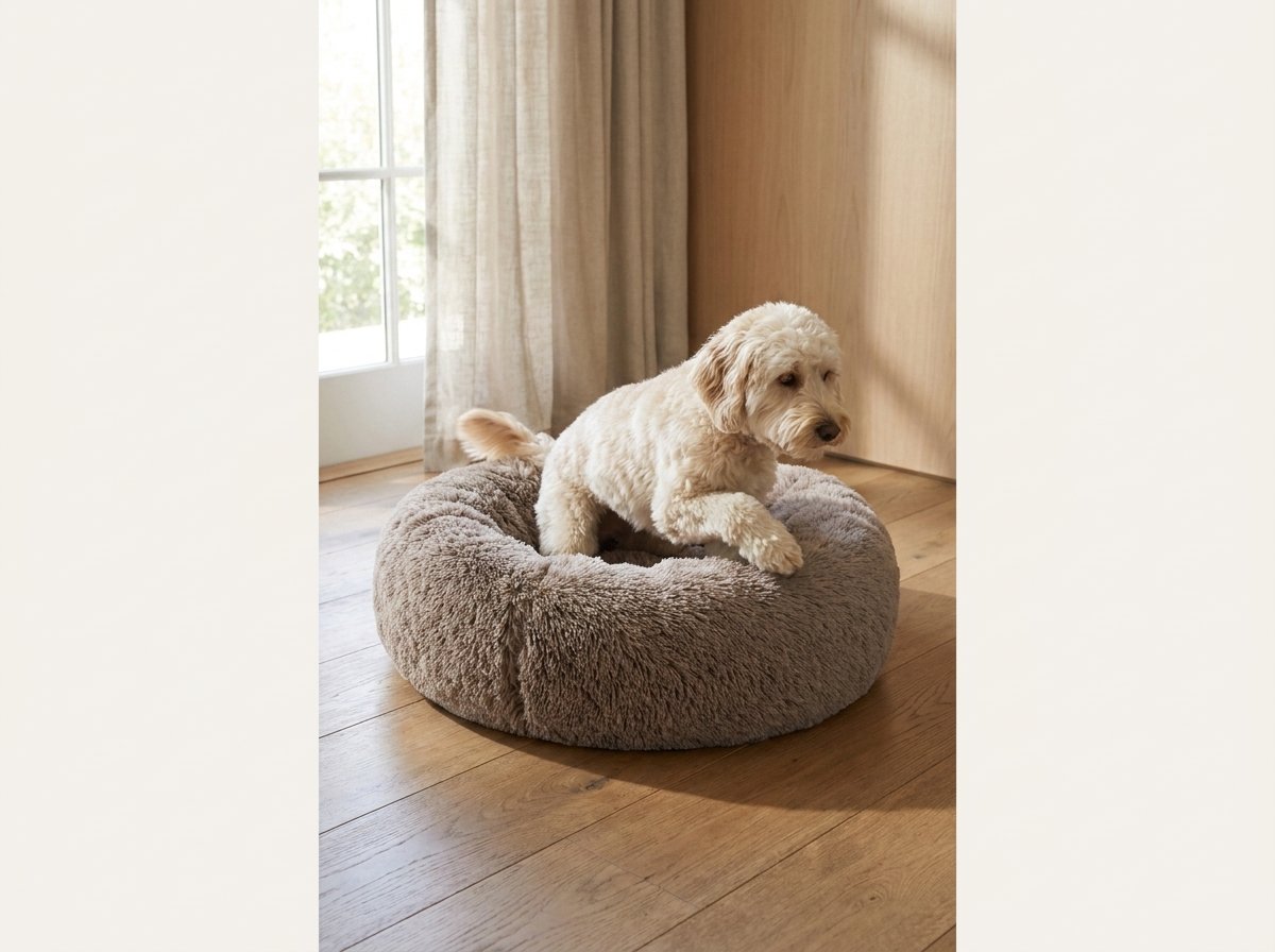Dog stepping into the CozyNest Cuddler Dog Bed near a sunlit window