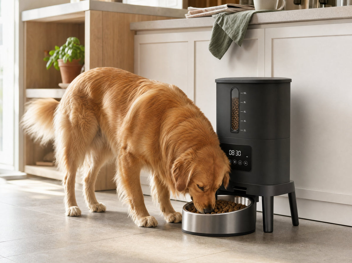 Golden retriever eating from FeastMate Automatic Dog Feeder in a kitchen
