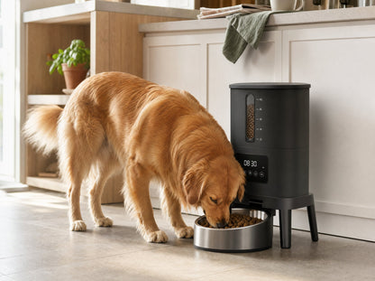 Golden retriever eating from FeastMate Automatic Dog Feeder in a kitchen