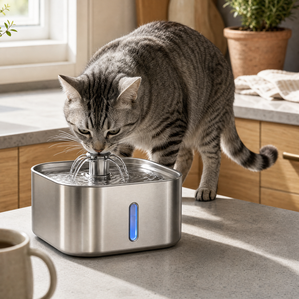 FreshFlow Cat Water Fountain in a modern kitchen with a cat drinking