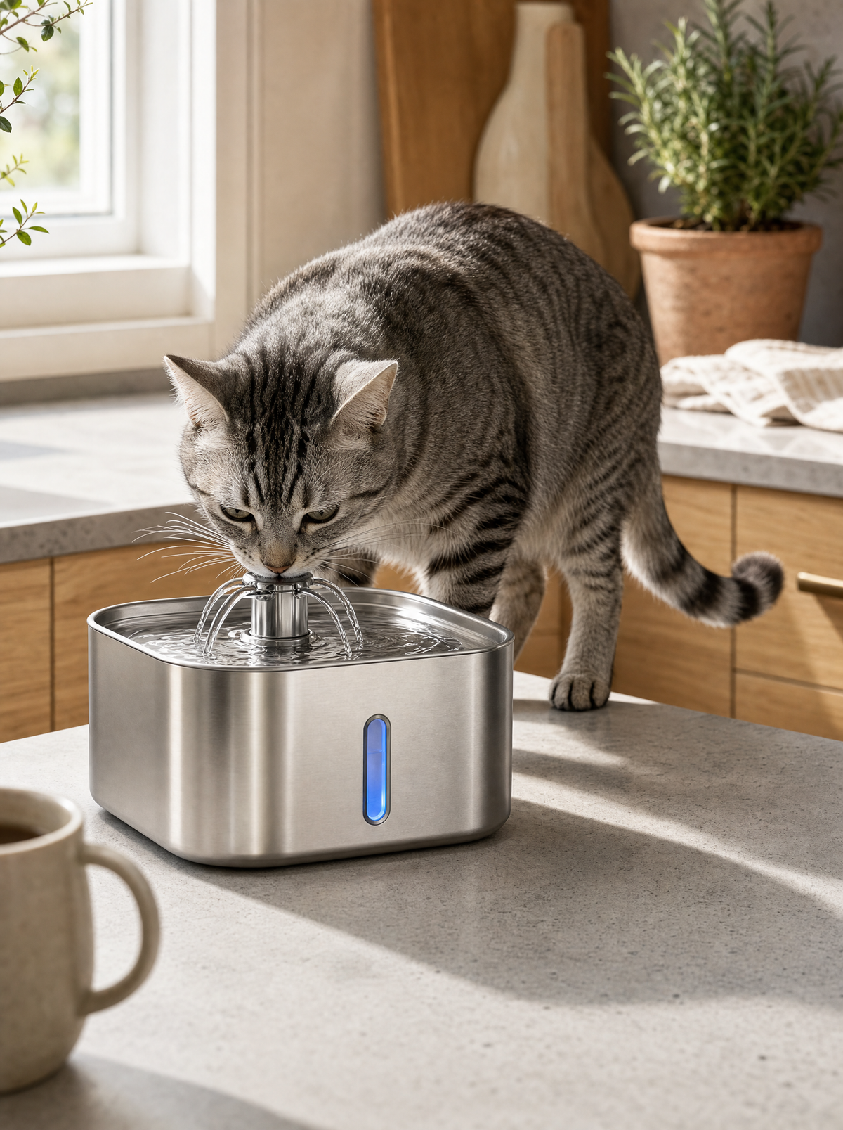 FreshFlow Cat Water Fountain in a modern kitchen with a cat drinking