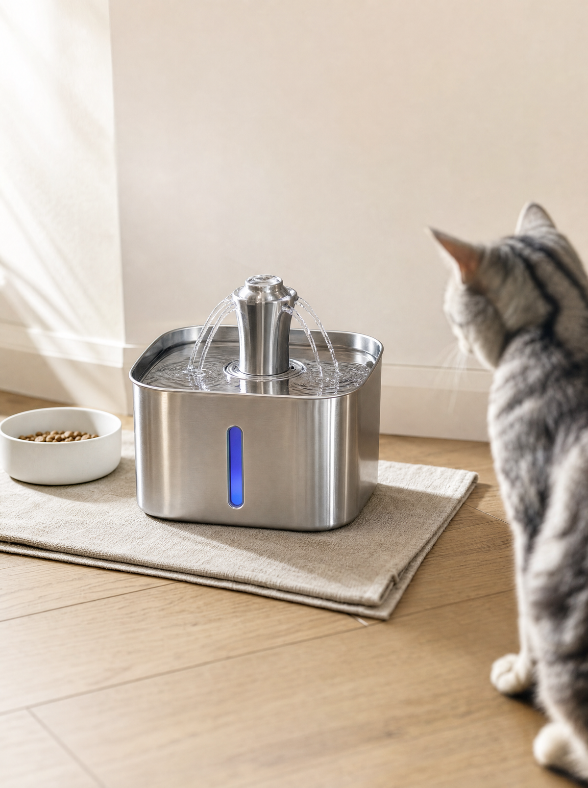 FreshFlow Cat Water Fountain in a clean modern pet-feeding corner
