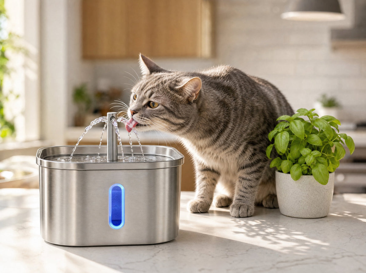 Cat drinking from the FreshFlow Cat Water Fountain in a bright kitchen