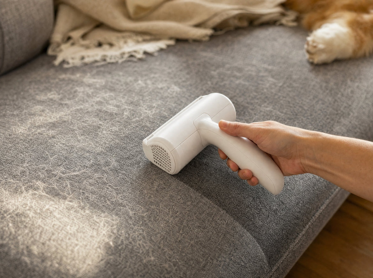 ReusaRoll Pet Hair Remover being used on a sofa covered in pet hair