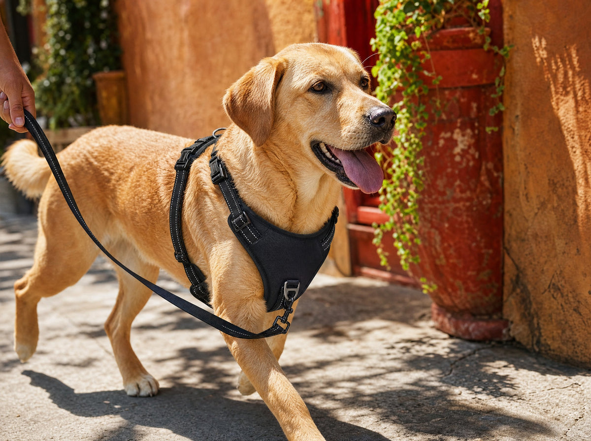 Dog wearing the ComfortFit No-Pull Harness on a walk