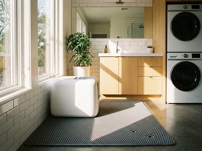 TrapMat Cat Litter Mat placed under a litter box in a bright laundry room