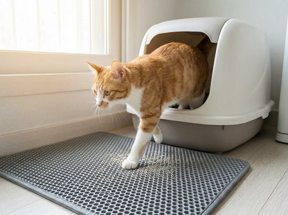 Cat stepping off litter box onto TrapMat Cat Litter Mat