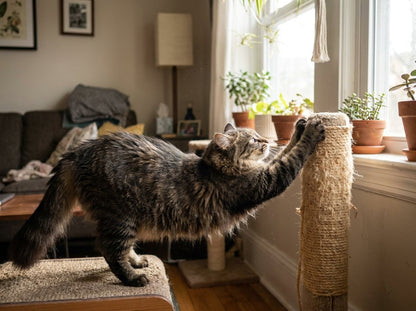Cat stretching and scratching on ClawCraft sisal post